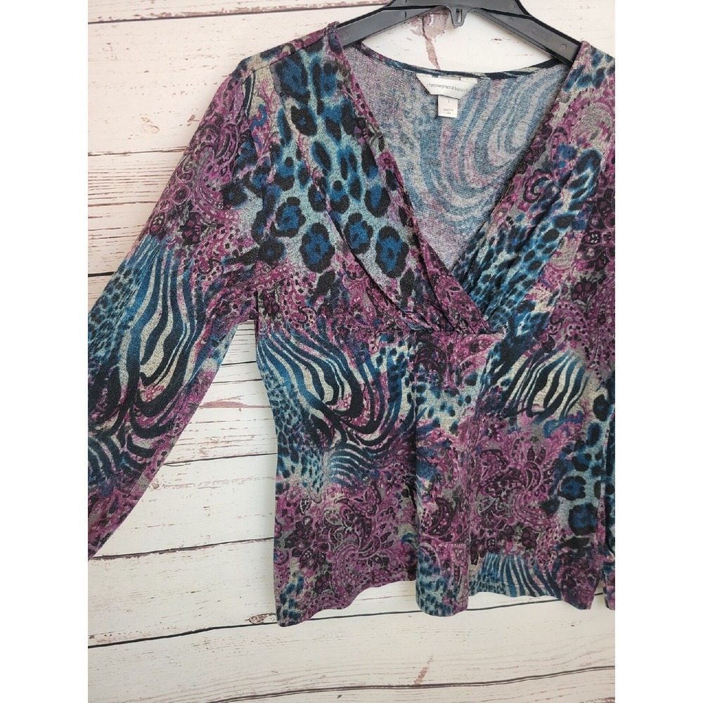 Christopher & Banks Top Animal Print Paisley Faux Wrap V-Neck Purple Teal Large - Picture 12 of 12